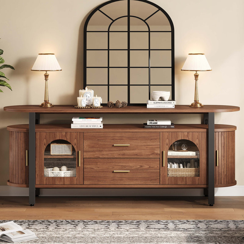 63" Mid-century Modern Tv Stand Fits Tvs Up To 70", Entertainment Center With Storage Drawer And Sliding Door, Walnut Tv Console For Living Room, Bedroom