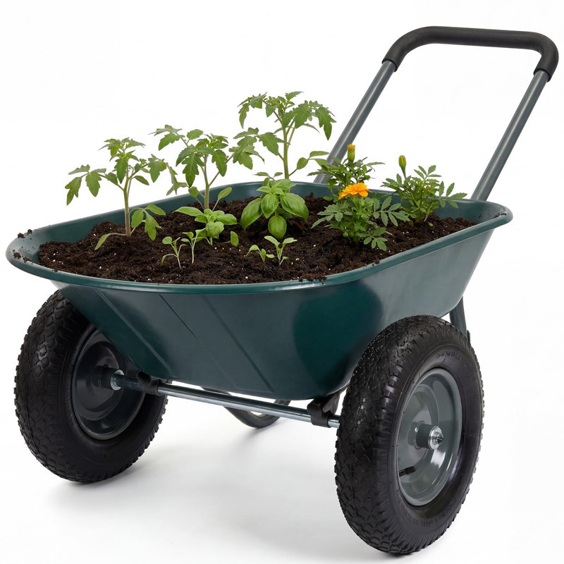 600 lb Heavy-Duty Garden Wheelbarrow Dump Cart, 4 cu ft Rust-Resistant Poly Tray, Quick-Release Dump, Dual 14 in All-Terrain Wheels, Utility Yard Hauler for Soil/Mulch/Firewood - Army Green
