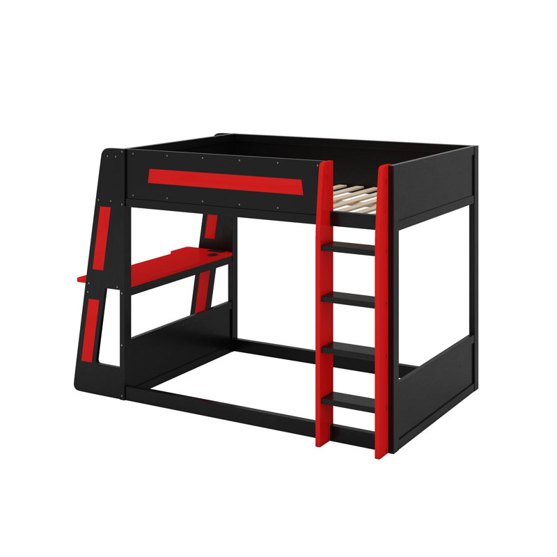 Lit superposé double en bois pleine grandeur avec bureau, USB et DEL, Lit double, Noir / Rouge
