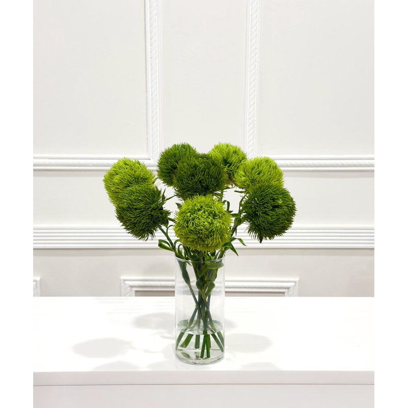 15 Inch Real Touch Green Dianthus Faux Floral Arrangement in Clear Glass Cylinder Vase, Modern Contemporary Centerpiece for Dining Table, Console, and Office Decor