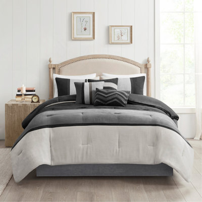 Ensemble d'édredon luxueux en faux suède 7 pièces noir, parfait pour les très grands lits californiens et le confort hypoallergénique