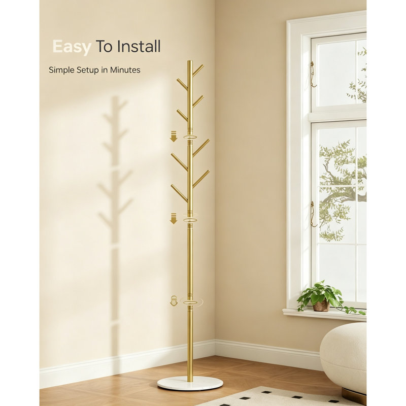 Freestanding Metal Coat Rack, 8 Hooks, 3 Adjustable Heights, Modern Hall Tree, Sturdy Sintered Stone Base, Gold Finish, for Hallway, Office & Bedroom, Ideal for Coats, Hats and Bags