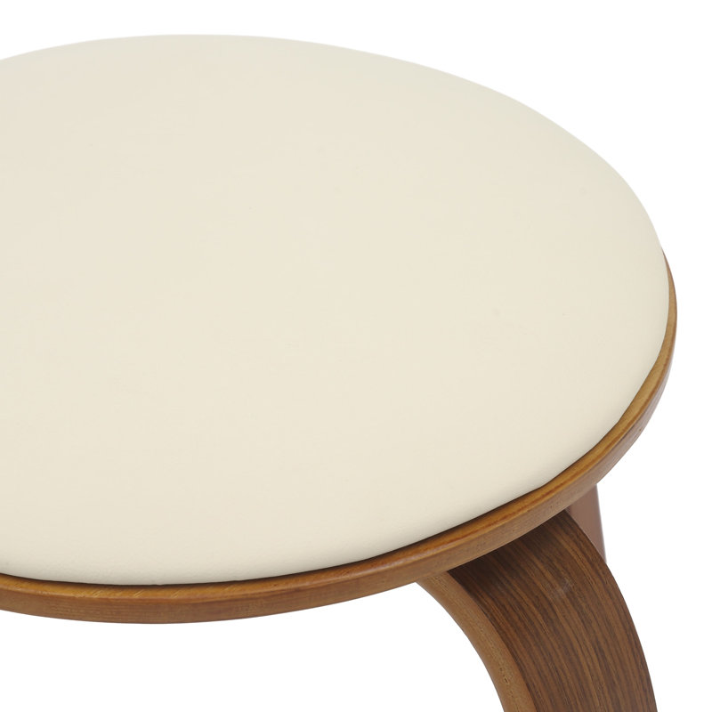 Hoxha Leather Round Dining Stool with Poplar Wood Legs and Swivel, Light Cream/Walnut