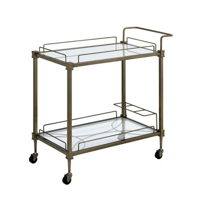 Aditya Mirrored & Antique Brass Finish Serving Cart With Two Glass Shelves And Caster Wheels For Easy Mobility