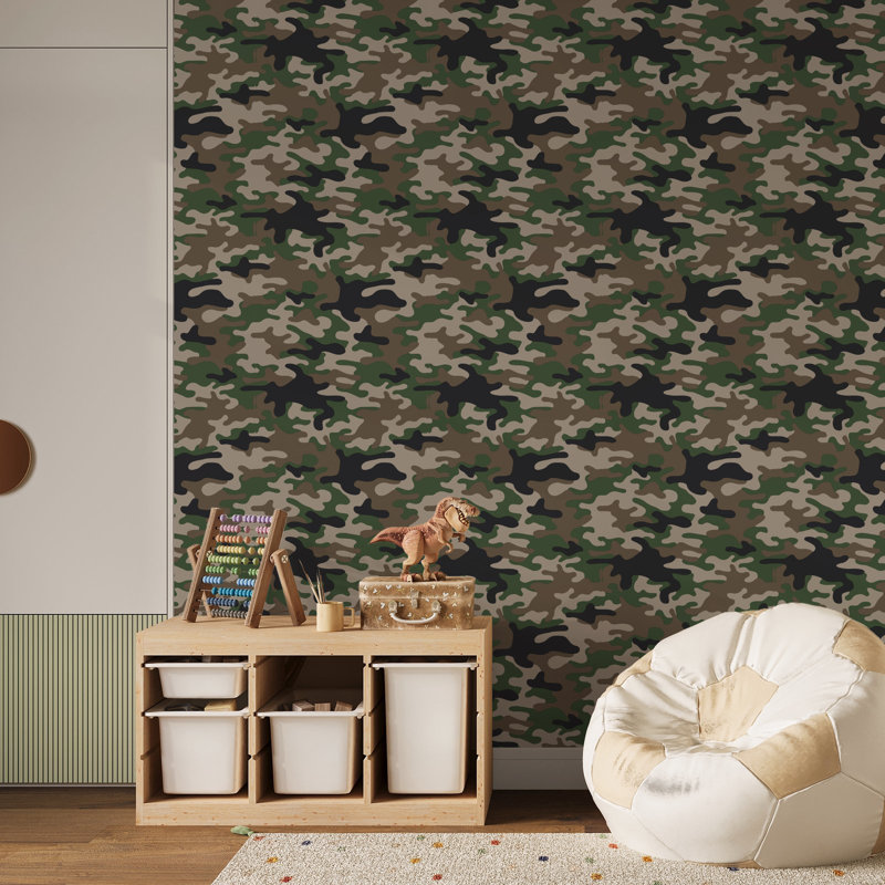 Kids and Teens Collection Camo Wallpaper Roll, Green/Black/Beige