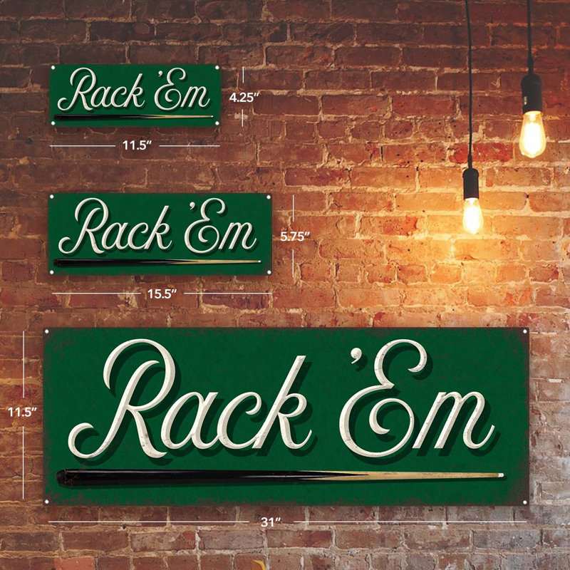 «Rack 'Em Billiards Metal Sign» sur métal, H 4,25 po x l 11,5 po