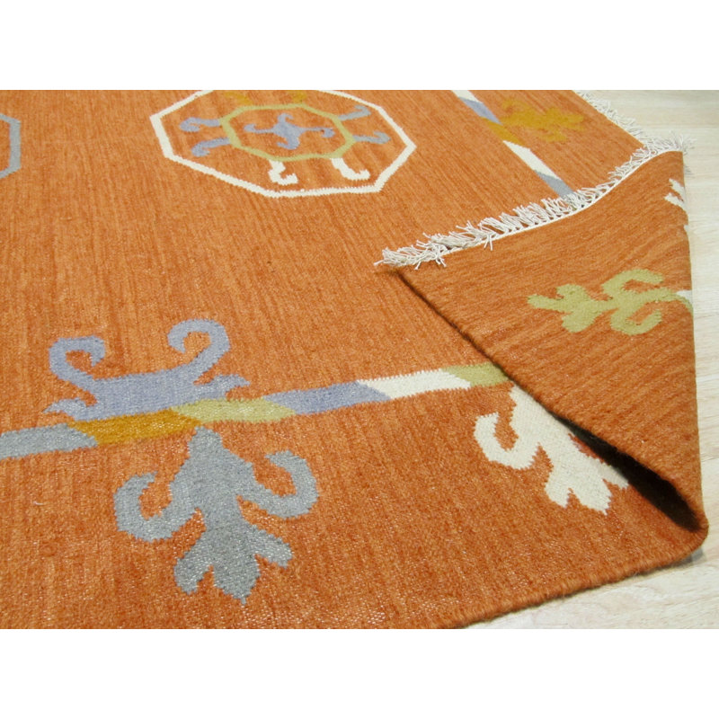 Coral Hand-Knotted Wool Octagonal Fleur Border Geometric Modern Contemporary Carpet Rug, 9' x 12'