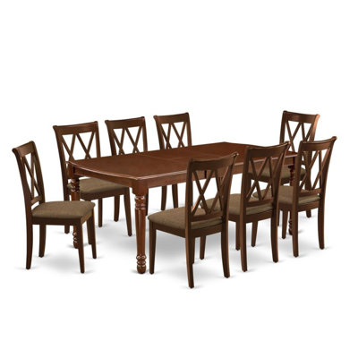 Table et chaises de cuisine 9 pièces comprenant une table de salle à manger rectangulaire avec rallonge papillon et 8 chaises de salle à manger en tissu de lin, acajou