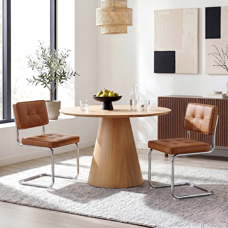 Aveon 19.3" H Mid-Century Modern Tufted Faux Leather Side Dining Chair with Steel Frame, Chrome , Brown