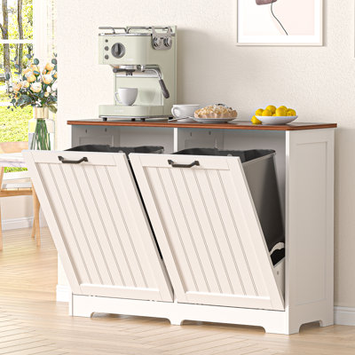 Tilt Out Trash Can Cabinet For 2 Bins, Hidden Trash Can Cabinet, Wooden Laundry Cabinet, Dog Proof Recycle Garbage Can Cabinet For Kitchen, Bathroom, Living Room, White With Drawer