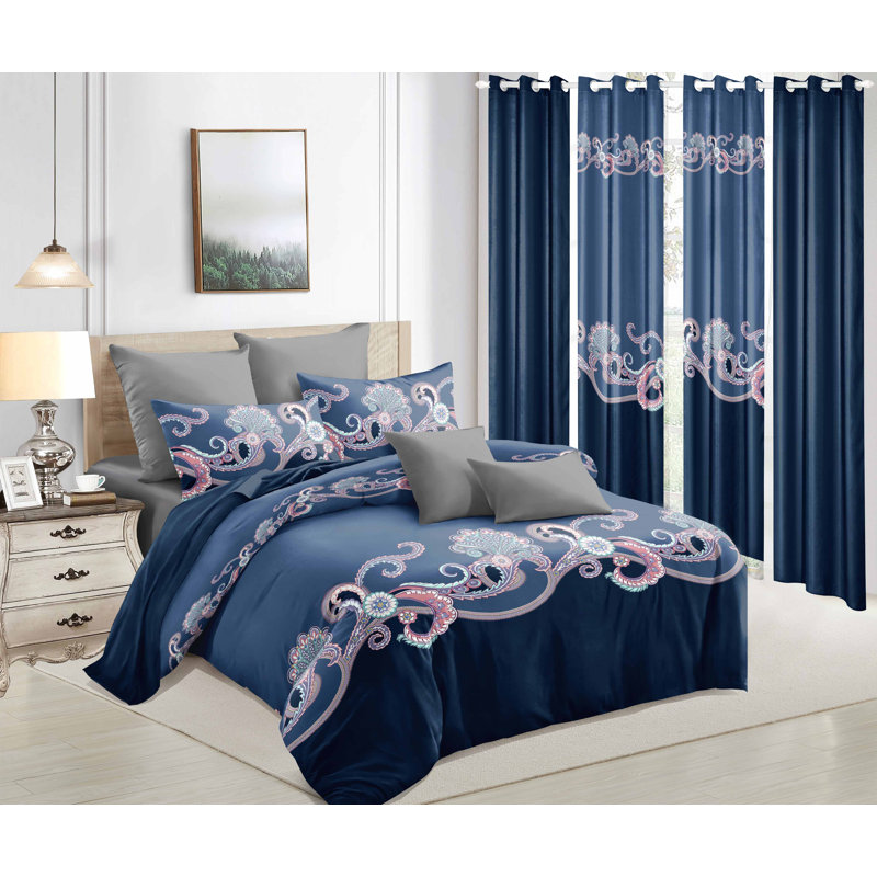 9pcs Quilt Bedding Set Dark Blue Floral Bedspread King Size for Bedroom, Lightweight Comforter with 2 Pillow Shams, 6 Matching Curtains 90x100In