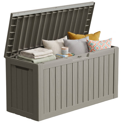90 Gallon Weatherproof Outdoor Deck Storage Box with Lockable Lid & Resin Construction, Grey