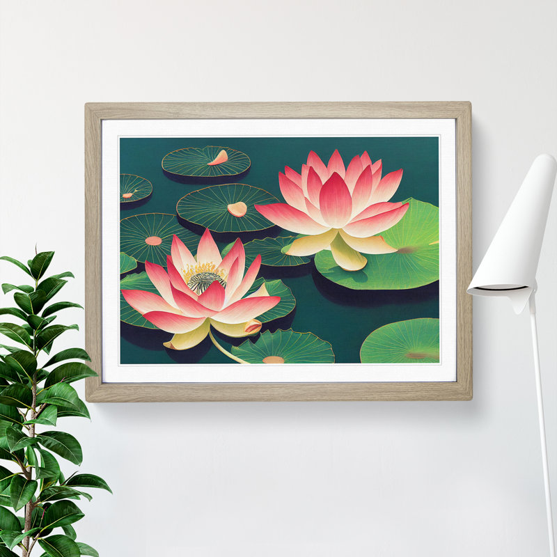 Tranquil Lotus Flowers - Framed Print, 46cm H x 64cm W x 2cm D, Oak Framed
