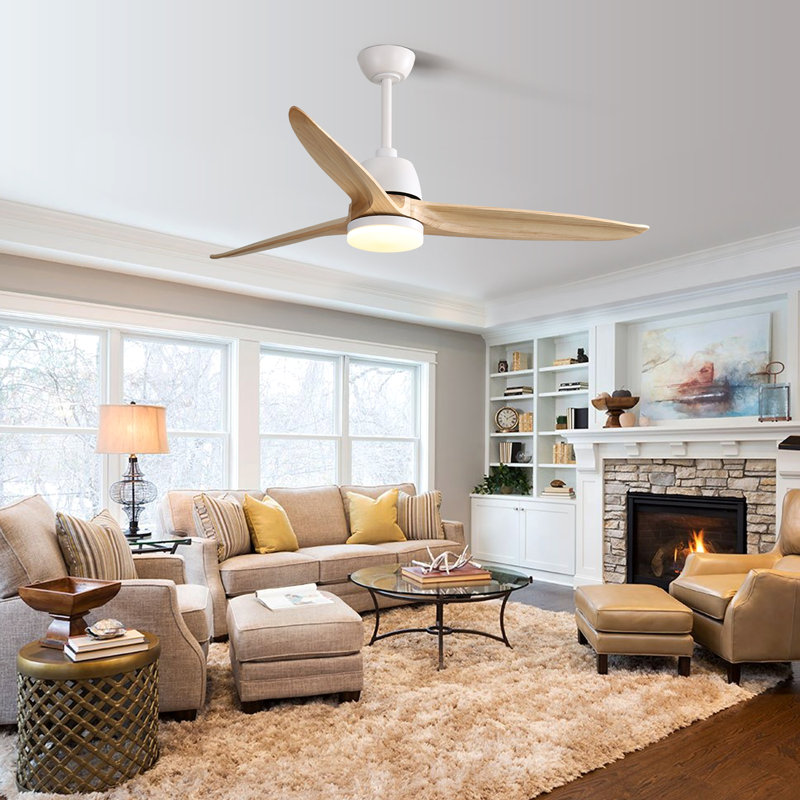   Kemp 56" 3-Solid Wood Blade Propeller Ceiling Fan with Remote Control and LED Light Kit, White with Burlywood Blades