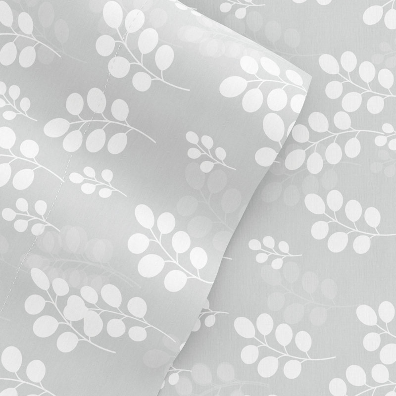 Gray Floral Print Microfiber Full Sheet Set