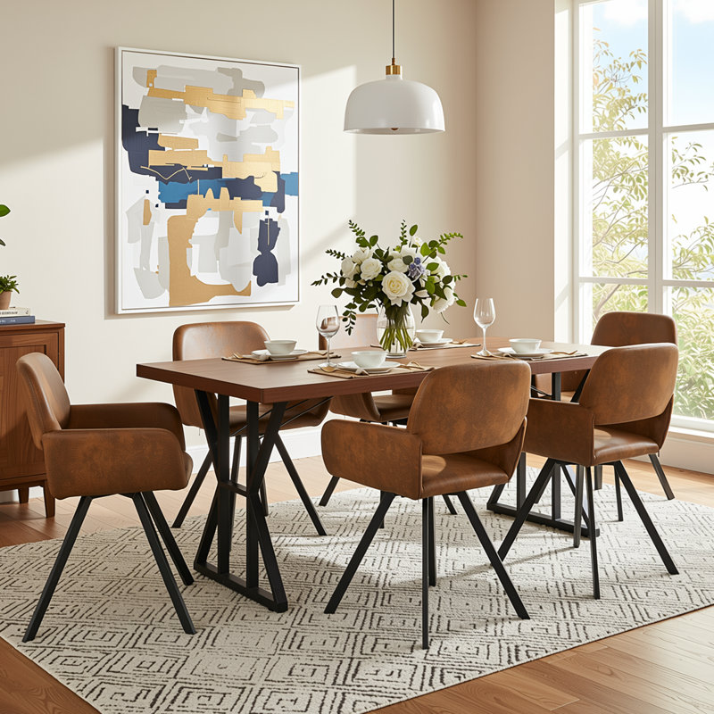 Ensemble de table de salle à manger 7 pièces avec fauteuils pivotants rembourrés, table rectangulaire aspect bois et base en métal