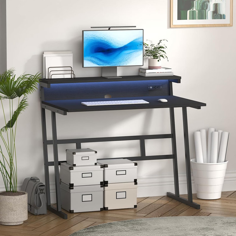 Small Computer Desk,Computer Desk with Power Outlets & Led Light,Home Office Desk with Monitor Shelf,, Black