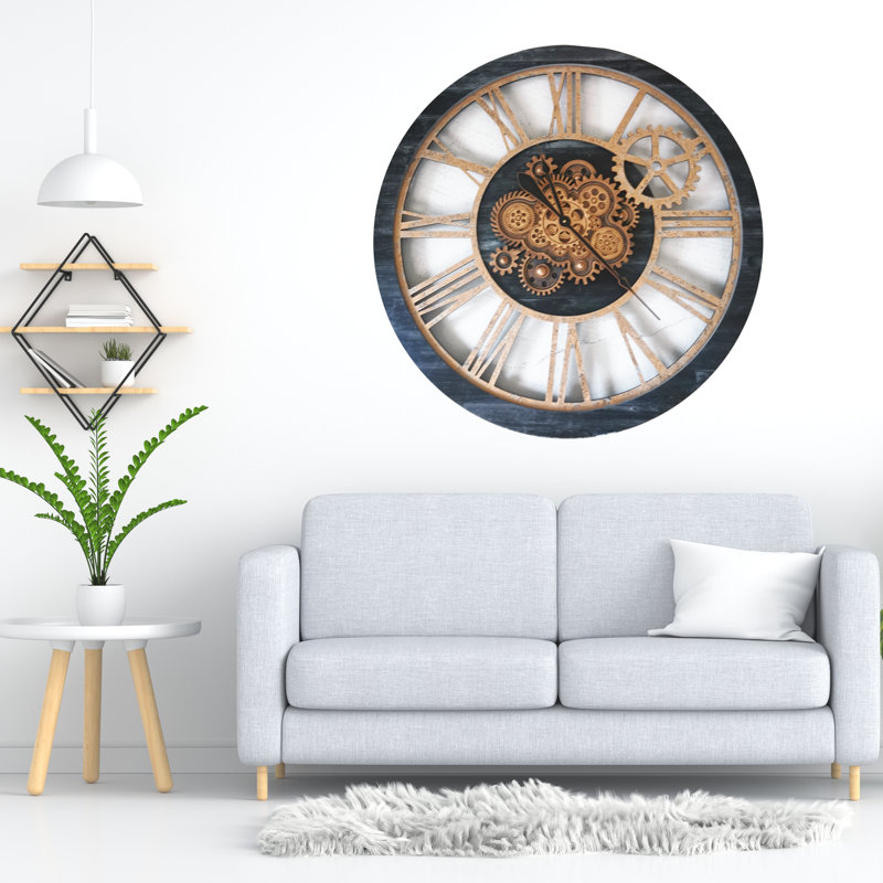 Wall Clock 36" Round Oversized for Living Room decor with Real Moving Gears America Collection, Vintage Black