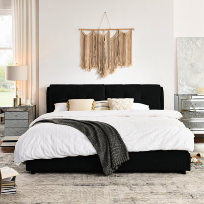 Black King Bed With Hydraulic Storage And Upholstered Headboard, Chenille, Wood Slats, Ideal For Bedroom Sleep Integrated Comfortable Leaning