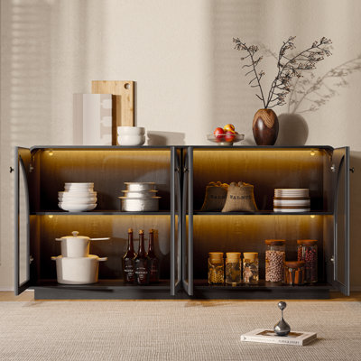 Buffet 4 portes noir avec 2 tablettes et façades arquées en verre