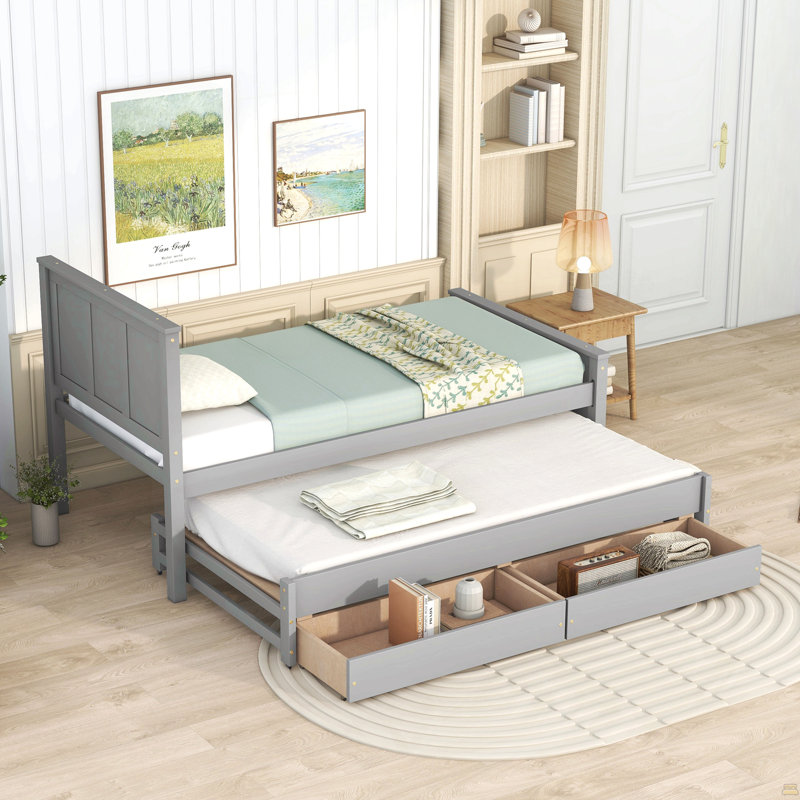 Lit plateforme avec lit gigogne et tiroirs Watsons, Gris