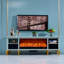 Foyer bleu en bois massif avec meuble télé
