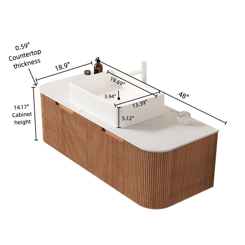 DINA 48" Bathroom Vanity With Sink, Wall-Mounted Curved Edges Striped Bathroom Storage Cabinet With 2 Drawers, White Rectangular Ceramic Basin, No Faucet, Pre-Assembled, Natural Woodgrain Color