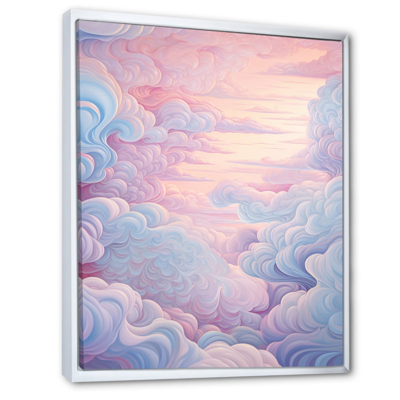 Paysage kawaii en rose doux sur toile, H 40 po x l 30 po x P 1,5 po, Cadre flottant blanc
