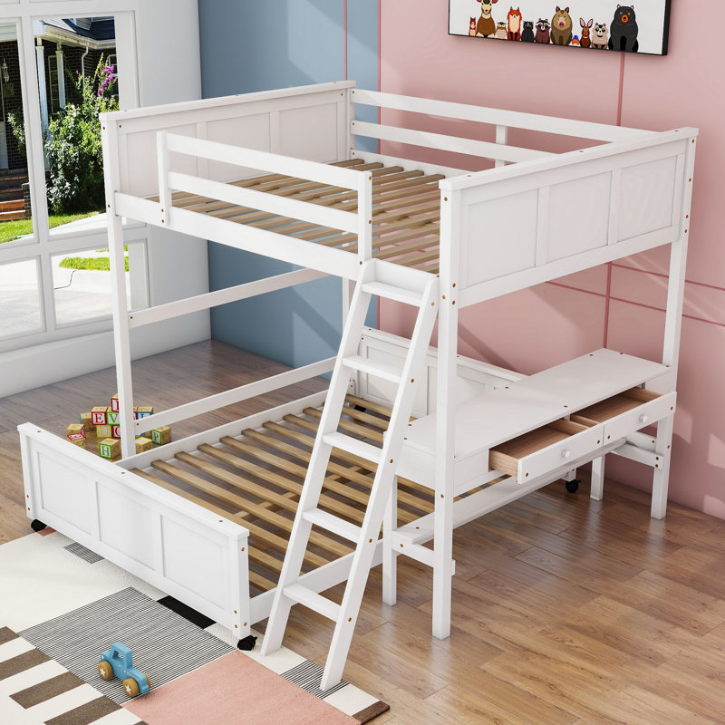 Janush Wood Bunk Bed with Desk and Drawers, Full over Full, White