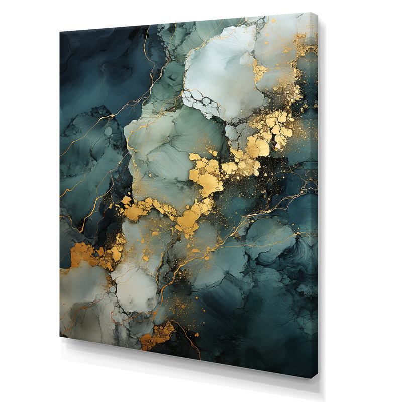 Or et vert motif de marbre abstrait I - décoration murale en marbre, Toile tendue, H 44 po x l 34 po x P 1,5 po