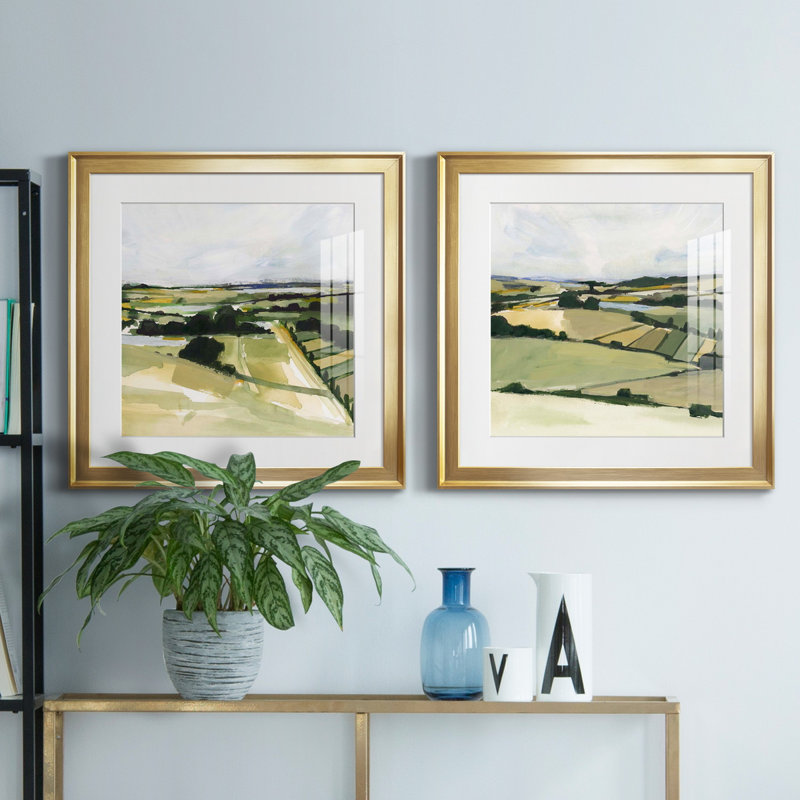 «Patchy Landscape I», ensemble de 2 reproductions d'art encadrées, Papier encadré doré, H 17,5 po x l 35 po x P 1,5 po, Blanc