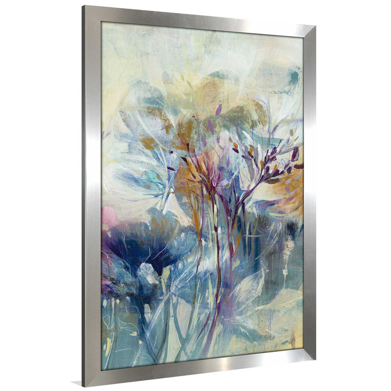 «Meadow Safran II» par K.Nari - Peinture, Encadrement argenté, H 27,5 po x l 21,5 po x P 0,75 po