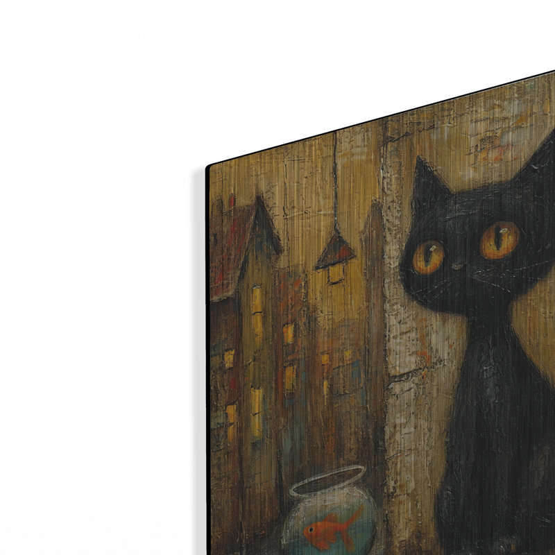 Art mural en métal Winston Porter «Black Cat And Goldfish 2» par Momart, H 16 po x l 12 po
