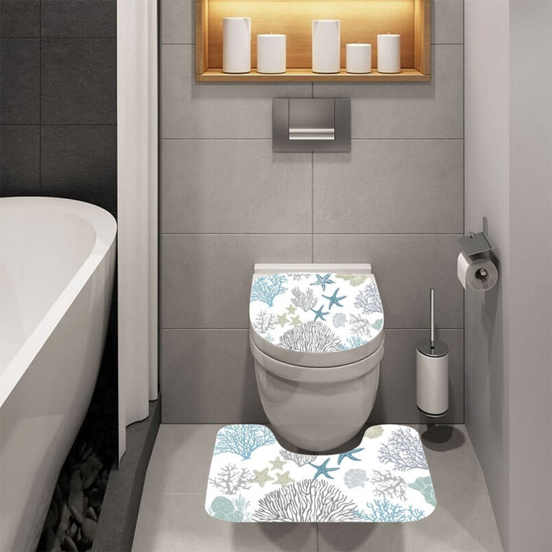 Sketch Seashell Starfish 2-Piece Bath Rug Set, U-Shaped Toilet Rug for Shower Room, White Sketch Seashell Starfish