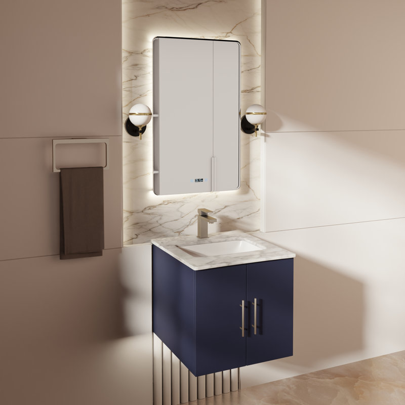 Geneva 24 in W x 22 in D Single Bath Vanity and Chrome Faucet Set, Navy Blue, White Carrara Marble
