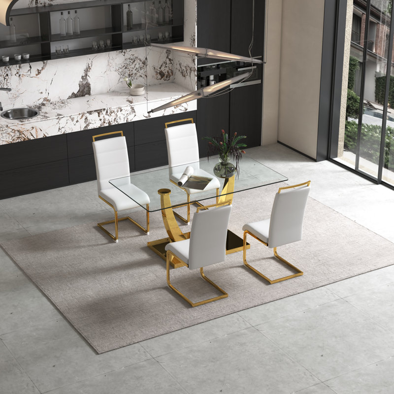 Zetha 6 - Person Pedestal Base Dining Set, Clear, White, Golden