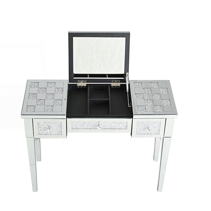 Coiffeuse à miroir avec incrustation de diamant concassé, coiffeuse avec miroir rabattable