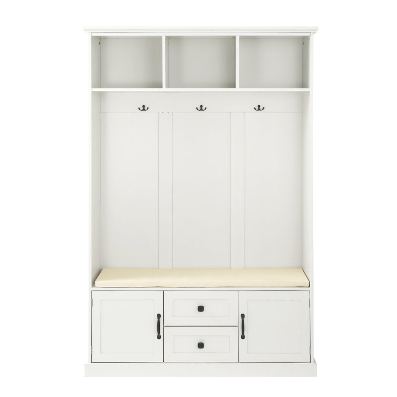 Rafkind Hall Tree with Bench  with 3 Hooks , Coat Hanger, Entryway Bench, Storage Bench, 3-in-1 Design, White