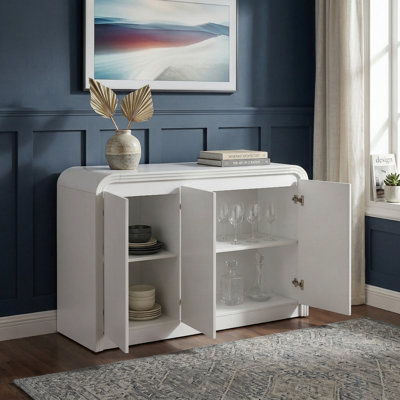 Curved Edge 47.24" Wide White MDF 3-Door Buffet Cabinet with Storage