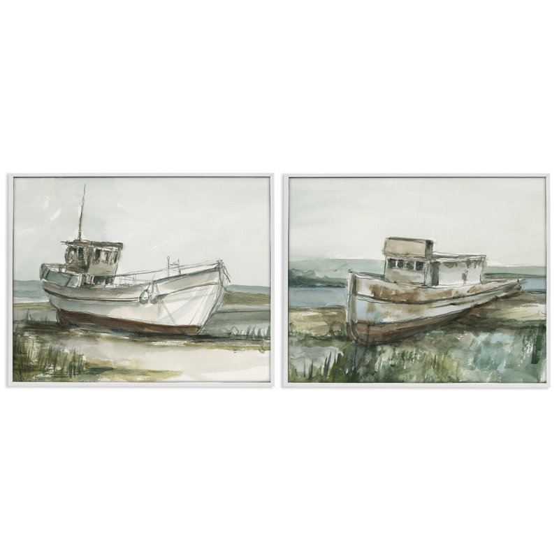 Ensemble de 2 giclées encadrées de bateaux de pêche abandonnés, design par Ethan Harper, H 11 po x l 28 po