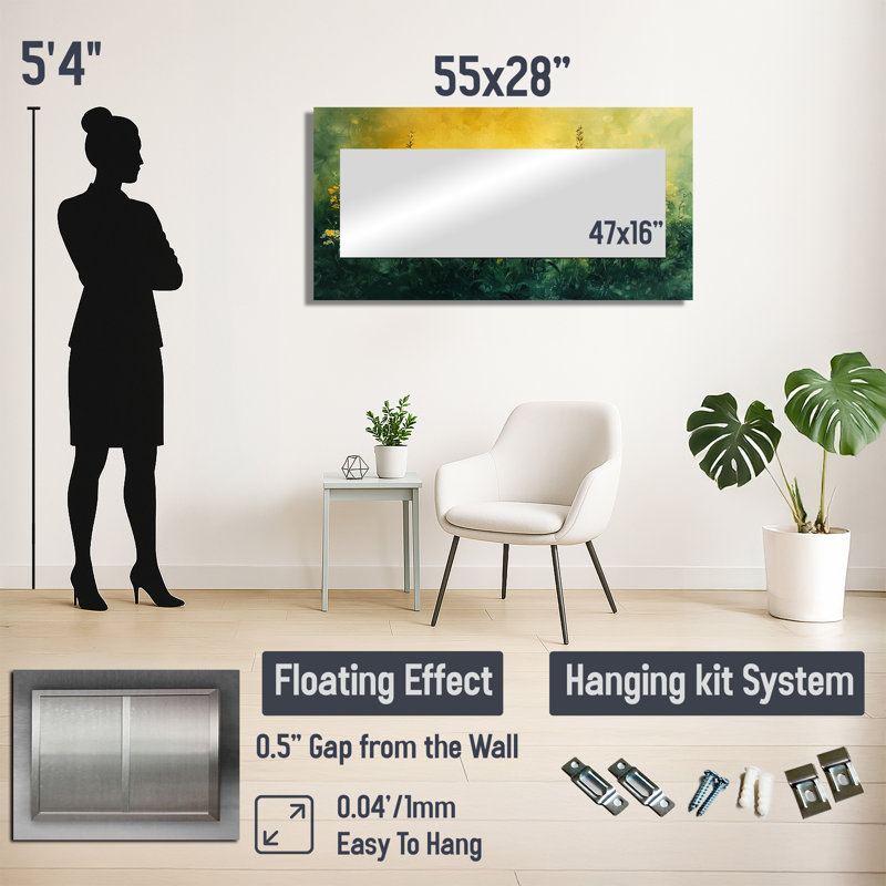 Fleurs dorées dorées Greenish Horizons II - miroir mural floral - imprimé sur métal, 28" x 55"
