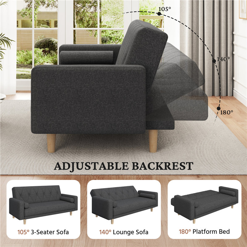 Tufted 3 Seater Sofa Bed, Polyester - Black