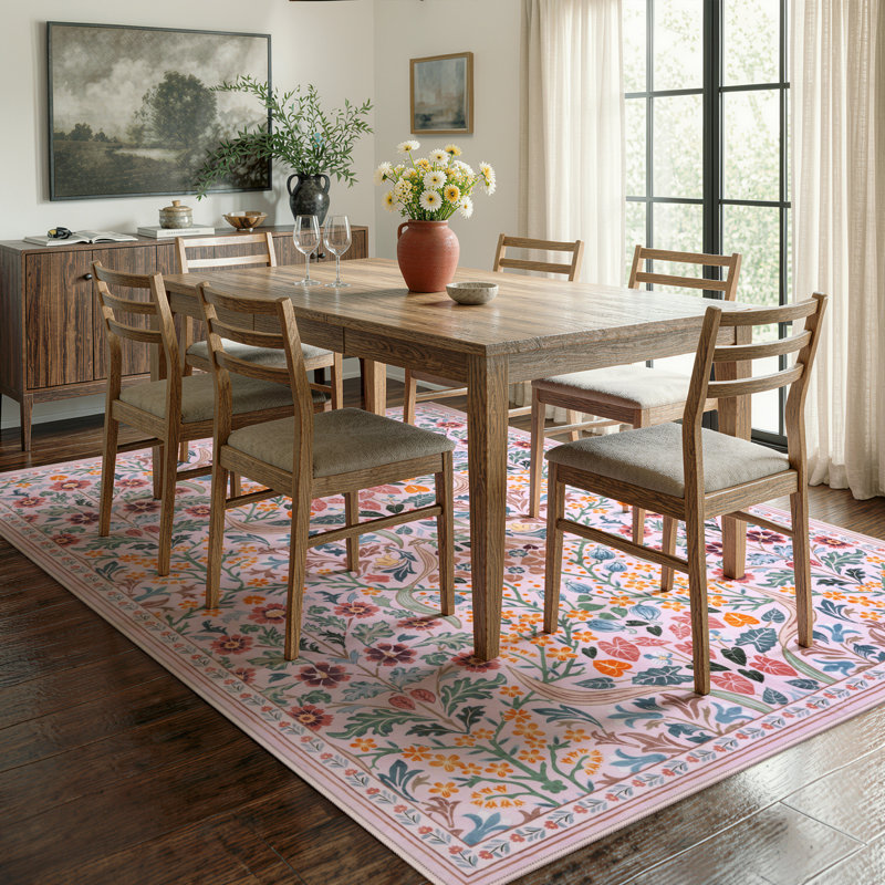 Tapis lavable à motif floral Kaldi, Rectangle 5 pi x 7 pi, Rose