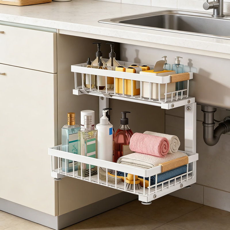 Rangement sous l'évier avec tablettes coulissantes, rangement à 2 niveaux pour armoire coulissante, tiroir coulissant en métal robuste pour la cuisine, la salle de bain, le garde-manger et le placard