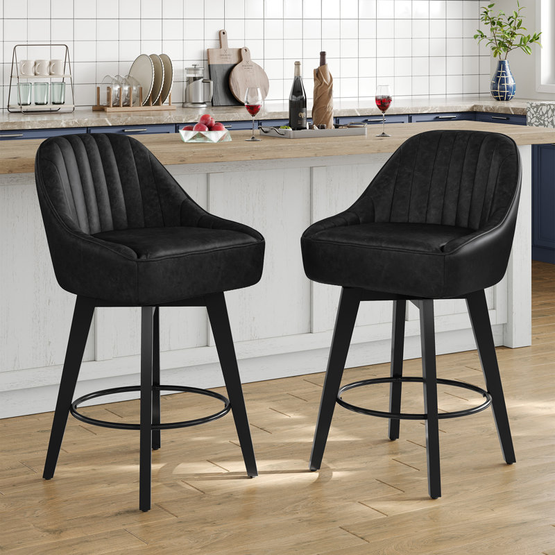 Swivel Upholstered Counter Stool with Metal Frame, BLACK, 2