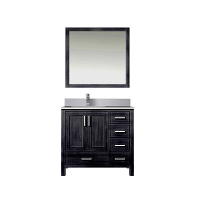 Distressed Bath Vanity 36 In. W X 22 In. D, Left Offset White Quartz Top, Faucet Set, And 34 In. Mirrors