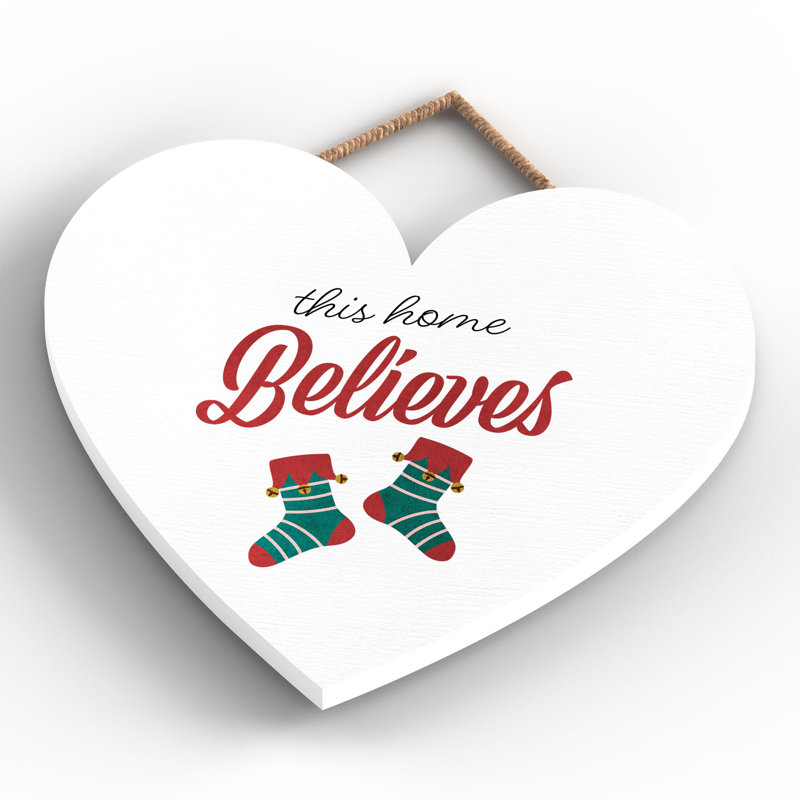 Xmas This Home Believes Stockings Wooden Heart Plaque, 16cm H x 17cm W x 0.9cm D