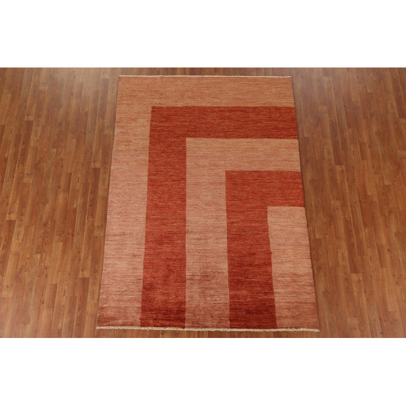 Tapis orange en laine noué à la main de conception unique 5 pi 7 po x 7 pi 11 po Newly Allyssa