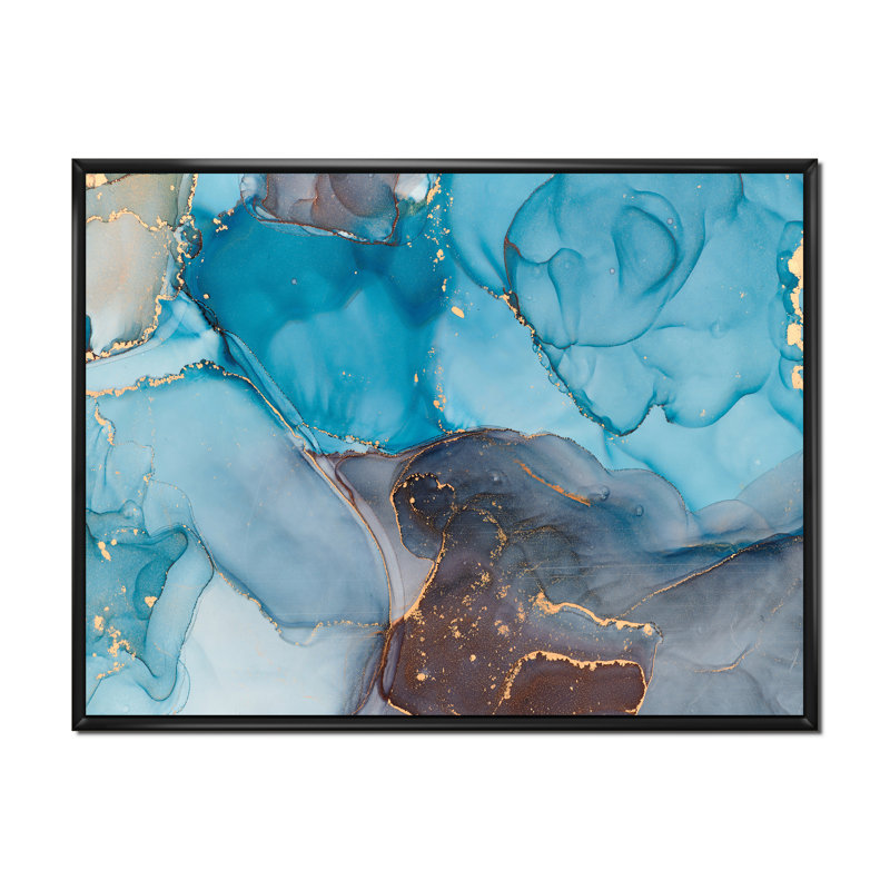 Bleu et gris luxueux abstrait fluide IV - peinture sur toile, H 30 po x l 40 po x P 1,5 po, Cadre flottant noir