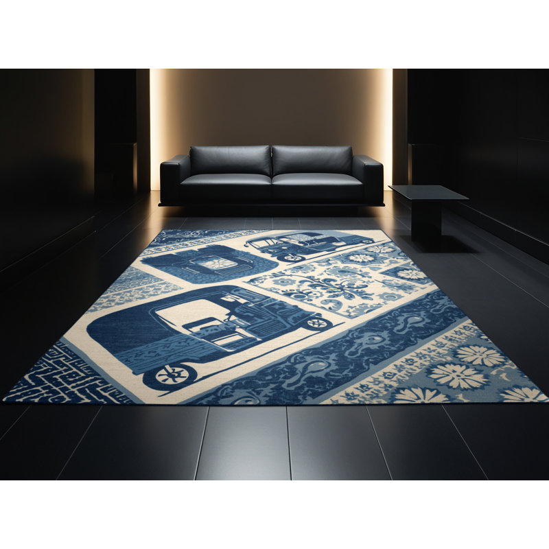 Machine Washable Potts Tuk Tuk Rickshaw Bohemian Block Print Rug in Blue – Navy Binding, 3x5